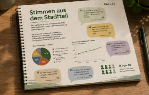 Foto des Ringbuchs mit den "Stimmen aus dem Stadtteil" visuell aufbereitet mit Tortendiagrammen, Liniendiagrammen und erläuternden Texten.