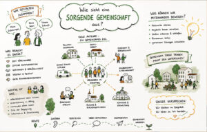 Graphic Recording: Illustration der Fragestellung, wie sieht eine sorgende Gemeinschaft aus. Wie gestaltet man zusammen, welche Erfahrungen gibt es, welche Ideen und wie sieht die Zukunft aus? Es gibt viele Akteure mit einem gemeinsamen Ziel.