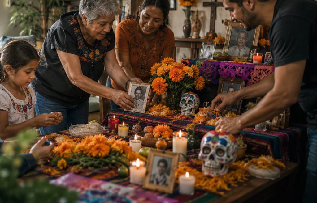 Eine Familie verschiedener Generationen gestaltet gemeinsam einen Altar zum Día de los Muertos mit Fotos, Blumen, Kerzen und Totenköpfen.