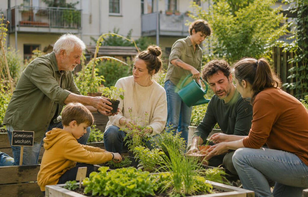 Menschen verschiedener Generationen bepflanzen und pflegen gemeinsam Hochbeete in einem Gemeinschaftsgarten.