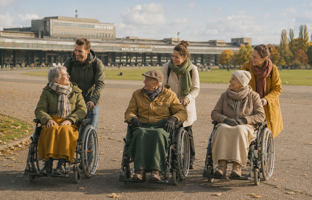 Drei ältere Menschen im Rollstuhl und drei Begleitpersonen sind gemeinsam auf dem Tempelhofer Feld in Berlin unterwegs.