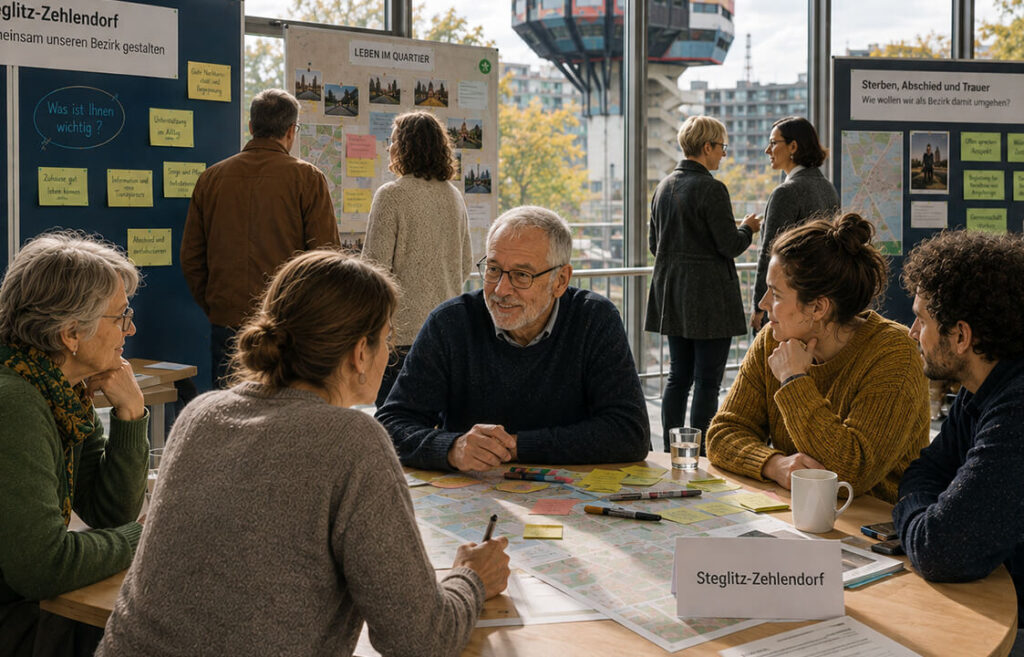 Menschen unterschiedlichen Alters sitzen in einer öffentlichen Beteiligungsrund an Tischen und diskutieren. Im Hintergrund stehen Menschen vor Pin-Boards mit Notizzetteln, die zur Beteiligung anregen.